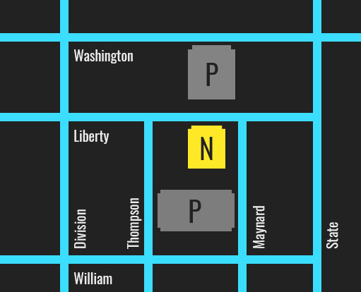 A map of Downtown Ann Arbor and the location of the Necto Dance Club & Event Venue located at 516 E. Liberty, Ann Arbor, MI 48104.